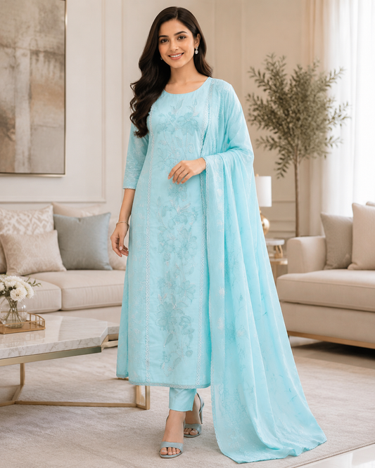 Cotton Printed Laser Cut Embroidery Unstitched Suit with Embroidered Mul Cotton Dupatta