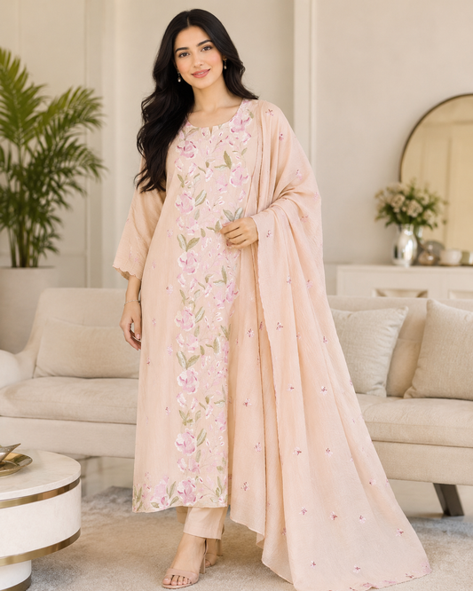 Mul Cotton Parsi Embroidered Unstitched Suit Set with Embroidered Dupatta