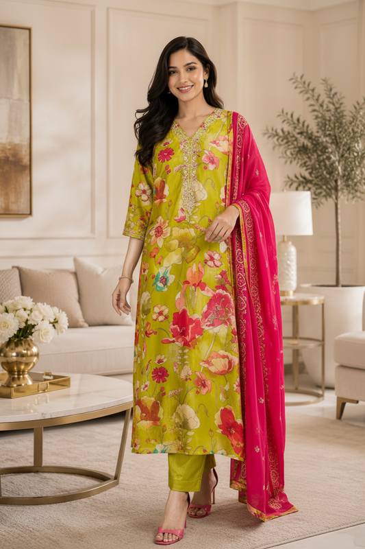 Muslin Kurta with Thread Embroidery & Croatia Lacing – Fully Stitched 3-Piece Suit Set with Shantoon Pants