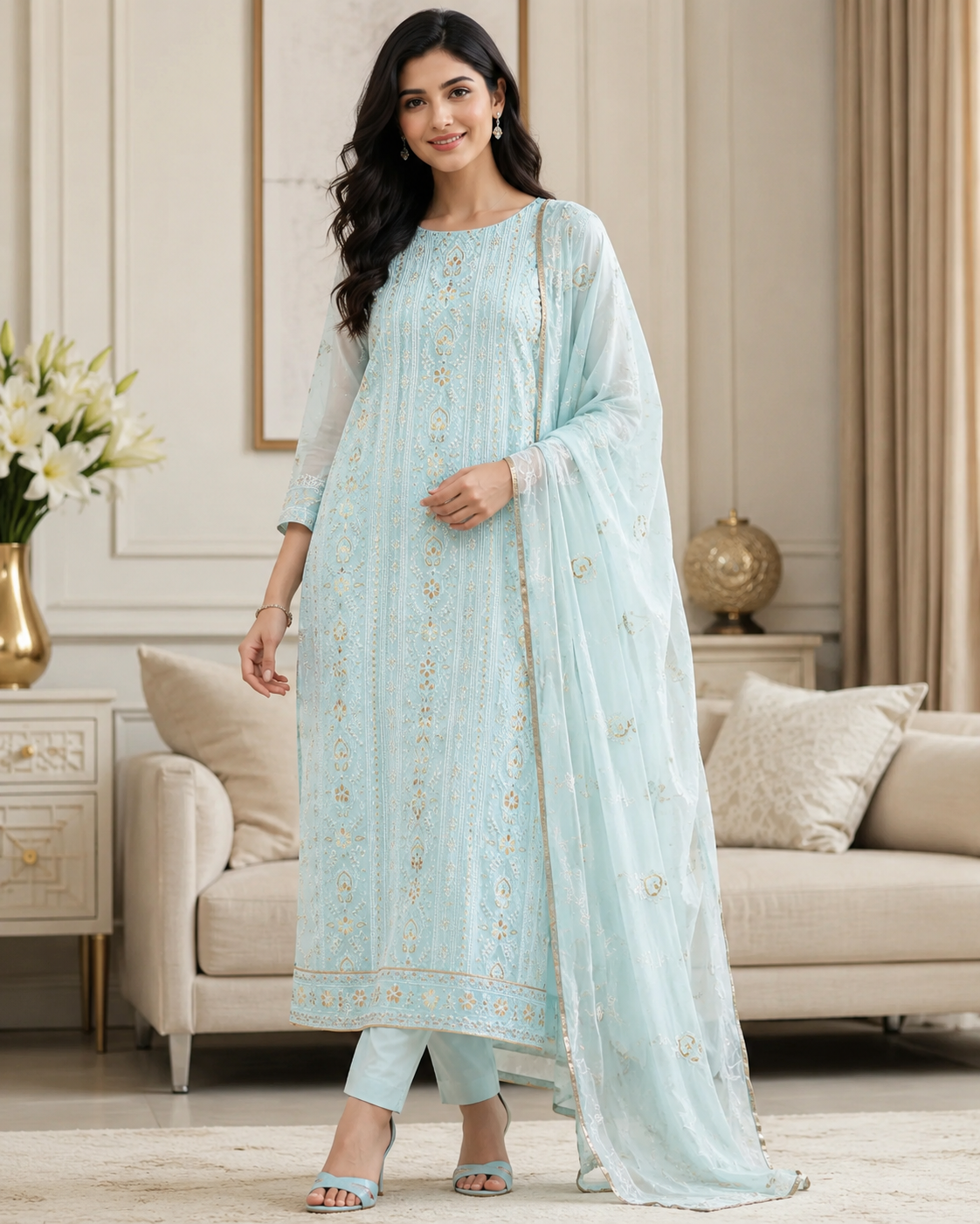 Premium Georgette Lucknowi Gotta & Zari Work Unstitched Suit with Pure Chiffon Dupatta