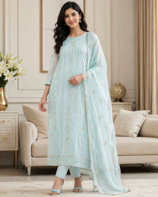 Premium Georgette Lucknowi Gotta & Zari Work Unstitched Suit with Pure Chiffon Dupatta