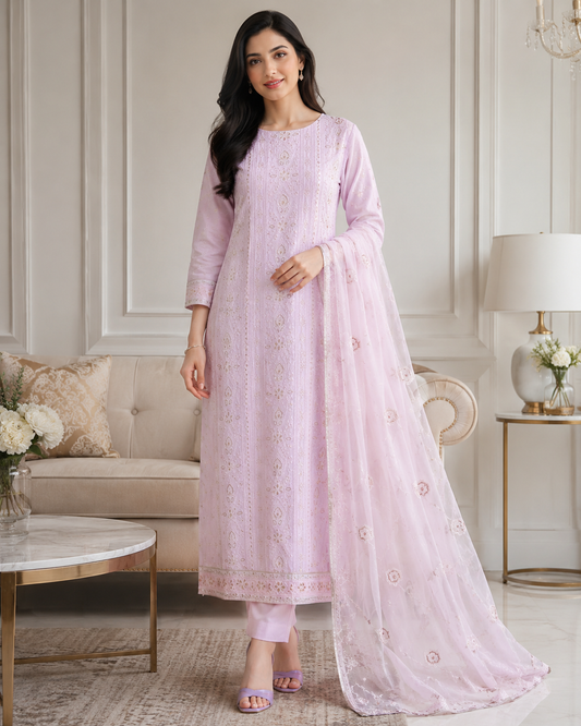 Premium Georgette Lucknowi Gotta & Zari Work Unstitched Suit with Pure Chiffon Dupatta