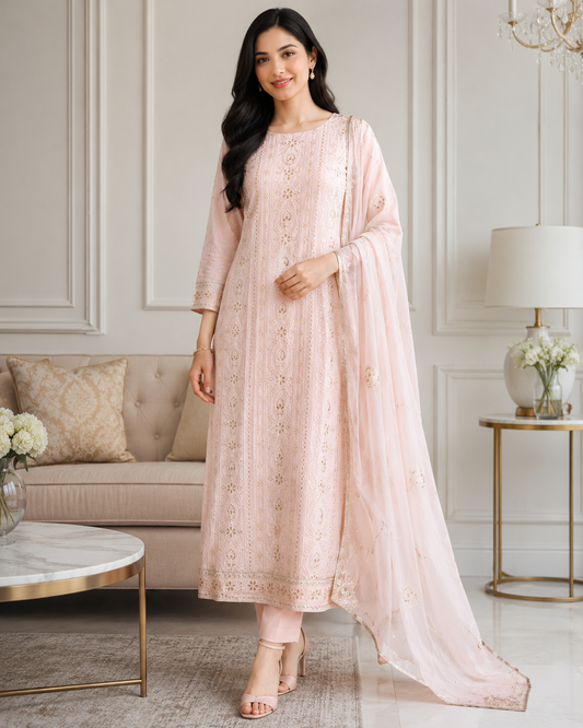 Premium Georgette Lucknowi Gotta & Zari Work Unstitched Suit with Pure Chiffon Dupatta