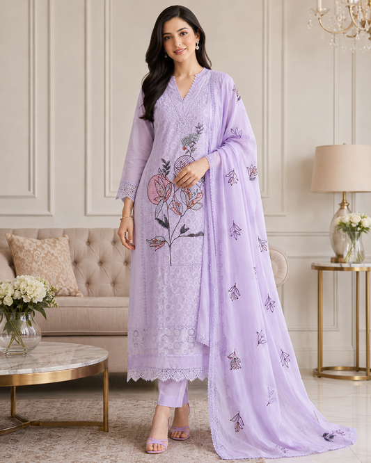 Cotton (Khadi) Pakistani Crochet Lacing Embroidered Unstitched Suit with Designer Dupatta