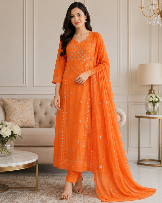 Mul Cotton Embroidered Unstitched Suit with Zari Highlighting