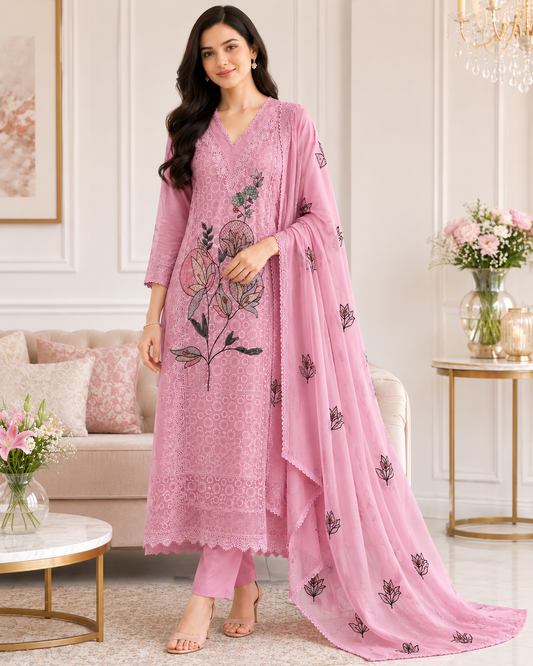 Cotton (Khadi) Pakistani Crochet Lacing Embroidered Unstitched Suit with Designer Dupatta