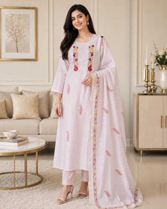 Mul Cotton Printed Unstitched Suit with Neck Embroidery & Digital Print Dupatta