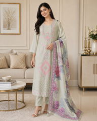 (LIGHT GREEN)- Mul Cotton Overall Laser Cut Embroidery Unstitched Suit with Mul Cotton Digital Print Dupatta