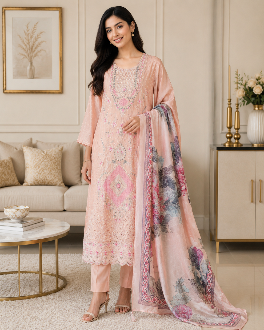 Mul Cotton Overall Laser Cut Embroidery Unstitched Suit with Mul Cotton Digital Print Dupatta
