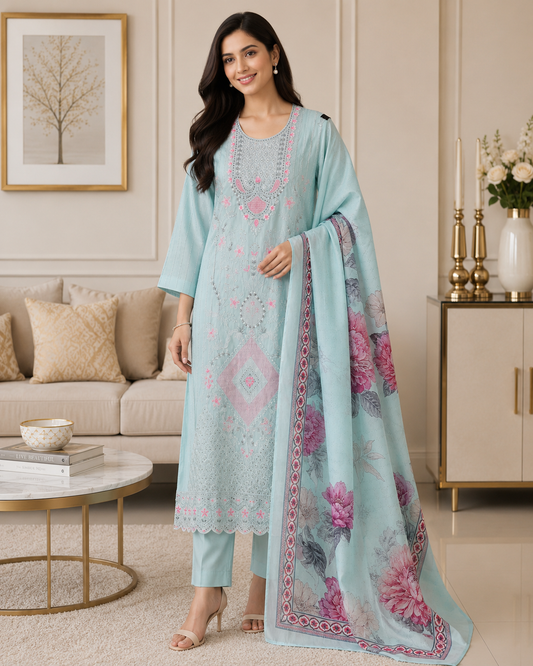 Mul Cotton Overall Laser Cut Embroidery Unstitched Suit with Mul Cotton Digital Print Dupatta