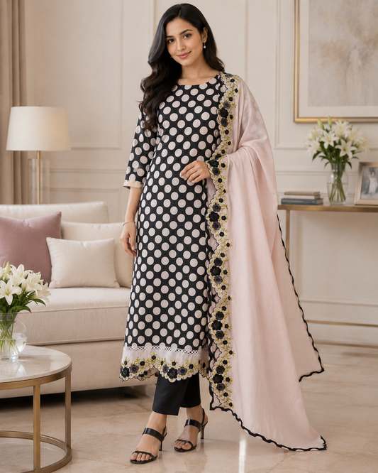 Pure Cotton Polka Printed Daman Embroidery Unstitched Suit with Scalloped Embroidered Dupatta