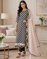 Pure Cotton Polka Printed Daman Embroidery Unstitched Suit with Scalloped Embroidered Dupatta