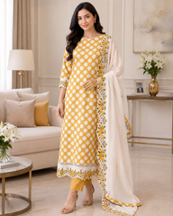Pure Cotton Polka Printed Daman Embroidery Unstitched Suit with Scalloped Embroidered Dupatta