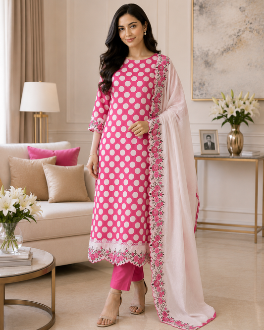 Pure Cotton Polka Printed Daman Embroidery Unstitched Suit with Scalloped Embroidered Dupatta