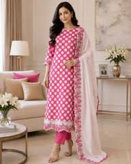 Pure Cotton Polka Printed Daman Embroidery Unstitched Suit with Scalloped Embroidered Dupatta