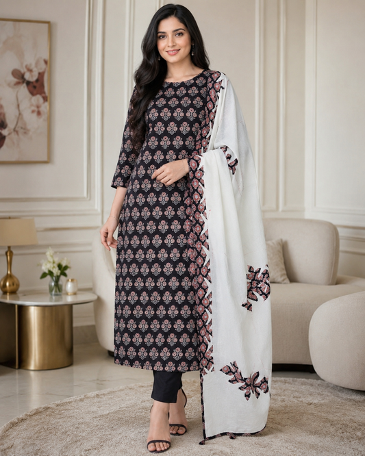 Cotton Printed Applique Work Unstitched Suit with Designer Applique Work Dupatta