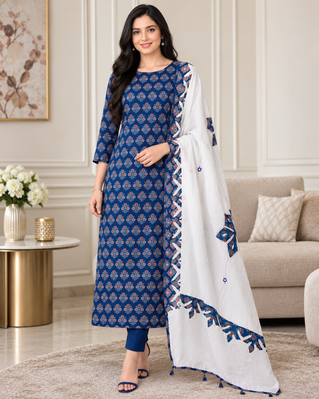 Cotton Printed Applique Work Unstitched Suit with Designer Applique Work Dupatta