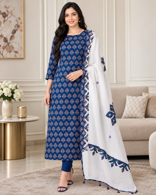 Cotton Printed Applique Work Unstitched Suit with Designer Applique Work Dupatta