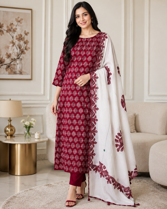 Cotton Printed Applique Work Unstitched Suit with Designer Applique Work Dupatta