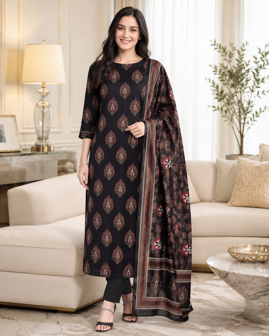 Pure Cotton Block Print Effect Unstitched Suit with Faux Mirror Highlighting & Embroidered Dupatta