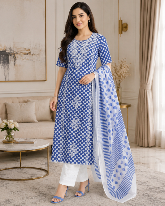 Pure Cotton Polka Printed Embroidered Un-Stitched Suit with Chikani Kari Work Bottom