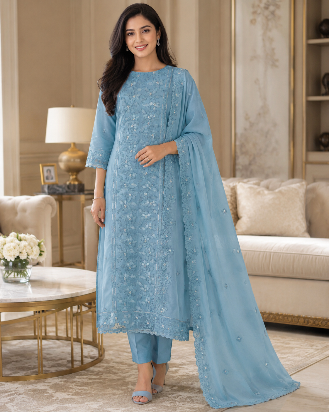 Premium Cotton Laser Cut Embroidered Unstitched Suit Set With Scalloped Dupatta