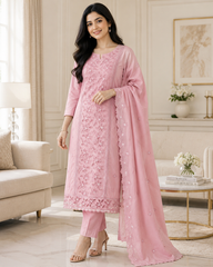 Premium Cotton Laser Cut Embroidered Unstitched Suit Set With Scalloped Dupatta