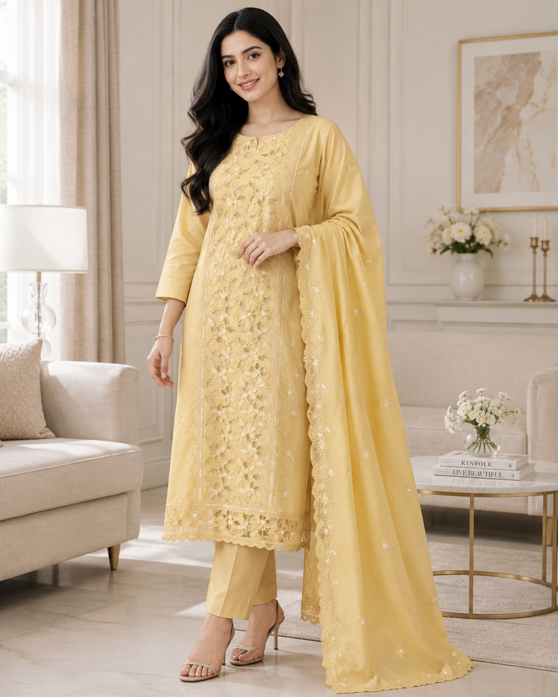 Premium Cotton Laser Cut Embroidered Unstitched Suit Set With Scalloped Dupatta