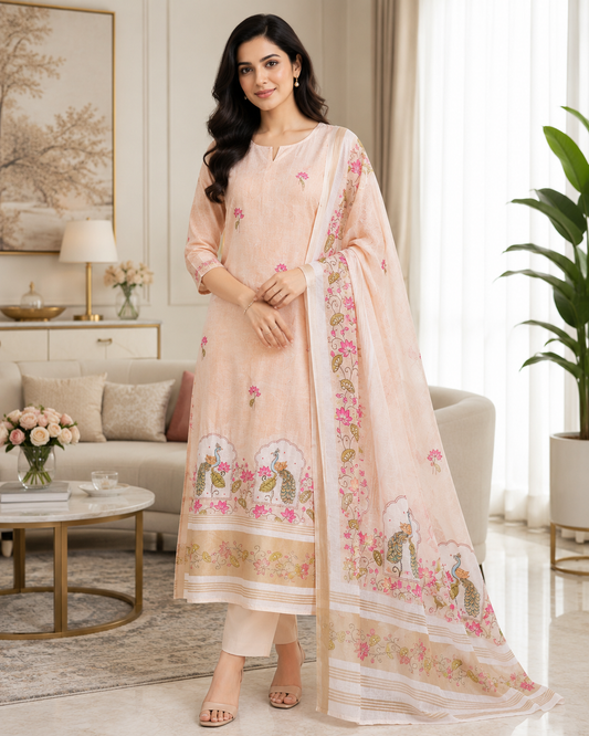 Linen Cotton Digital Printed Lagdi Patta Unstitched Suit (3 Pc Set)