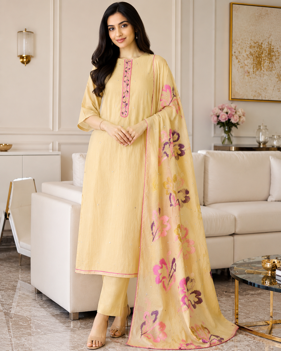 Mul Cotton Neck Embroidered Unstitched Suit with Designer Embroidered Dupatta