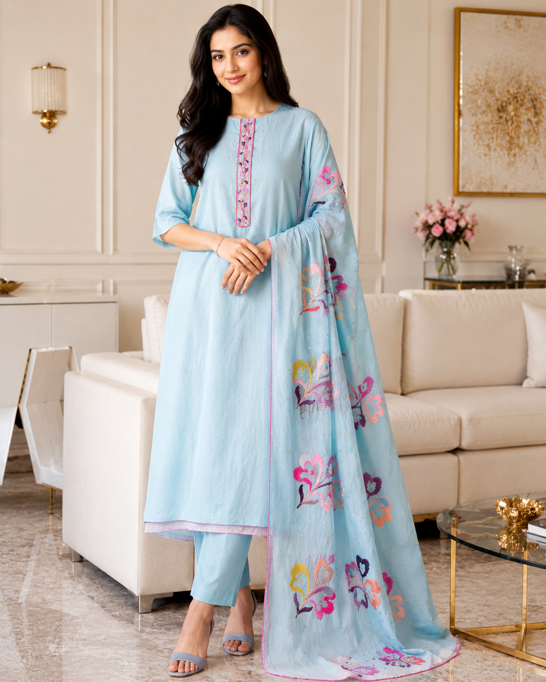 Mul Cotton Neck Embroidered Unstitched Suit with Designer Embroidered Dupatta