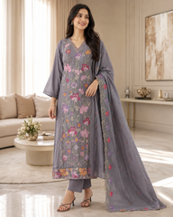 Pure Cotton Thread Embroidered Unstitched Suit with Mul Cotton Scalloped Embroidered Dupatta