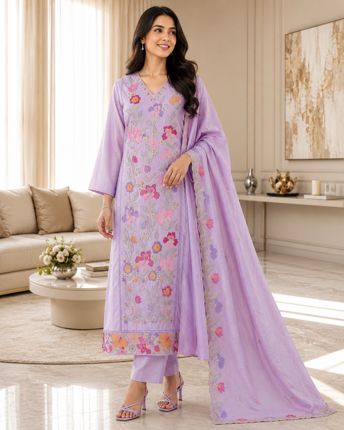 Pure Cotton Thread Embroidered Unstitched Suit with Mul Cotton Scalloped Embroidered Dupatta