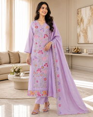 Pure Cotton Thread Embroidered Unstitched Suit with Mul Cotton Scalloped Embroidered Dupatta
