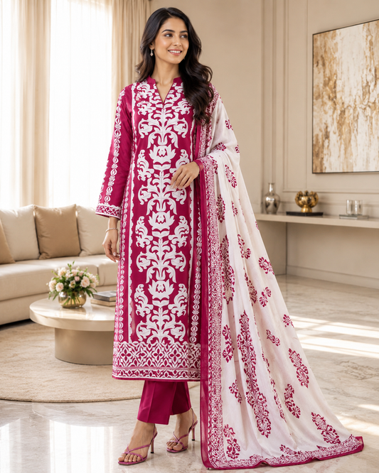 Cotton Digital Print Unstitched Suit with Bead Work and Mul Dupatta