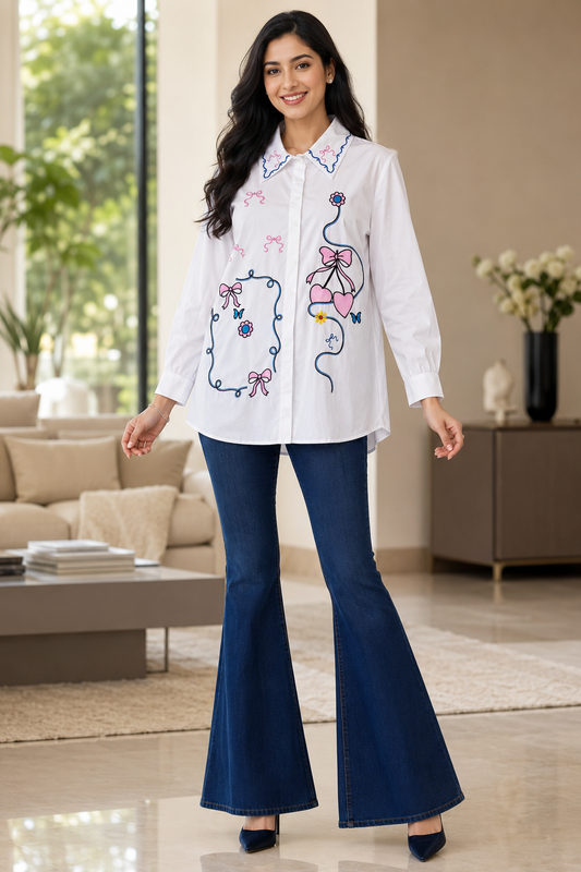 Women's Pure Cotton Floral Embroidered Korean Shirt | Regular Fit Casual Top