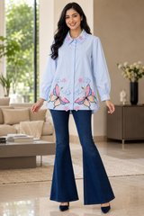 Women’s Pure Cotton Butterfly 3D Embroidery Korean Shirt | Casual Regular Fit Shirt