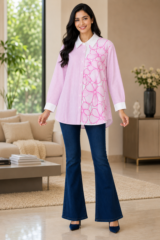 Women's Pure Cotton Floral Embroidered Korean Shirt | Regular Fit Casual Top