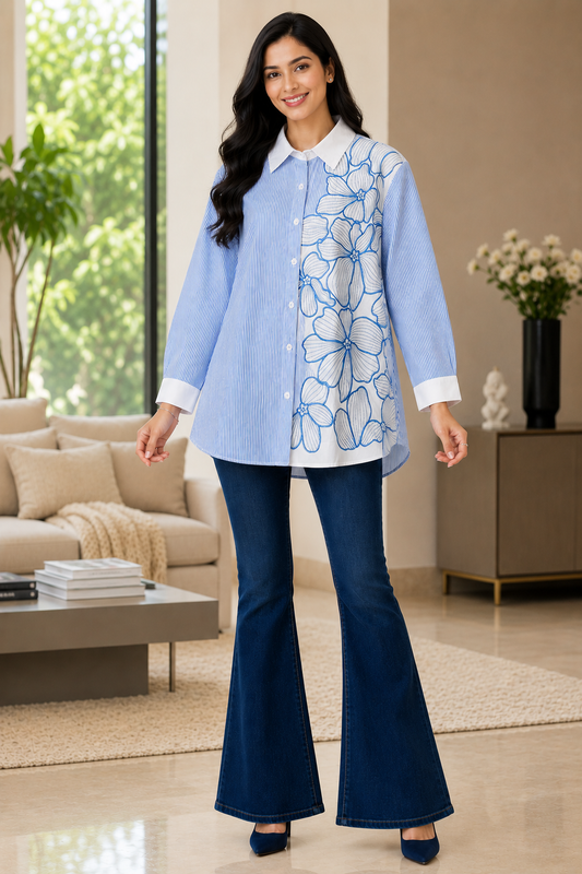 Women's Pure Cotton Floral Embroidered Korean Shirt | Regular Fit Casual Top