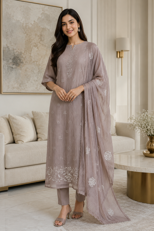 Crush Mul Cotton Embroidered Unstitched Suit with Sequin Highlighted Dupatta