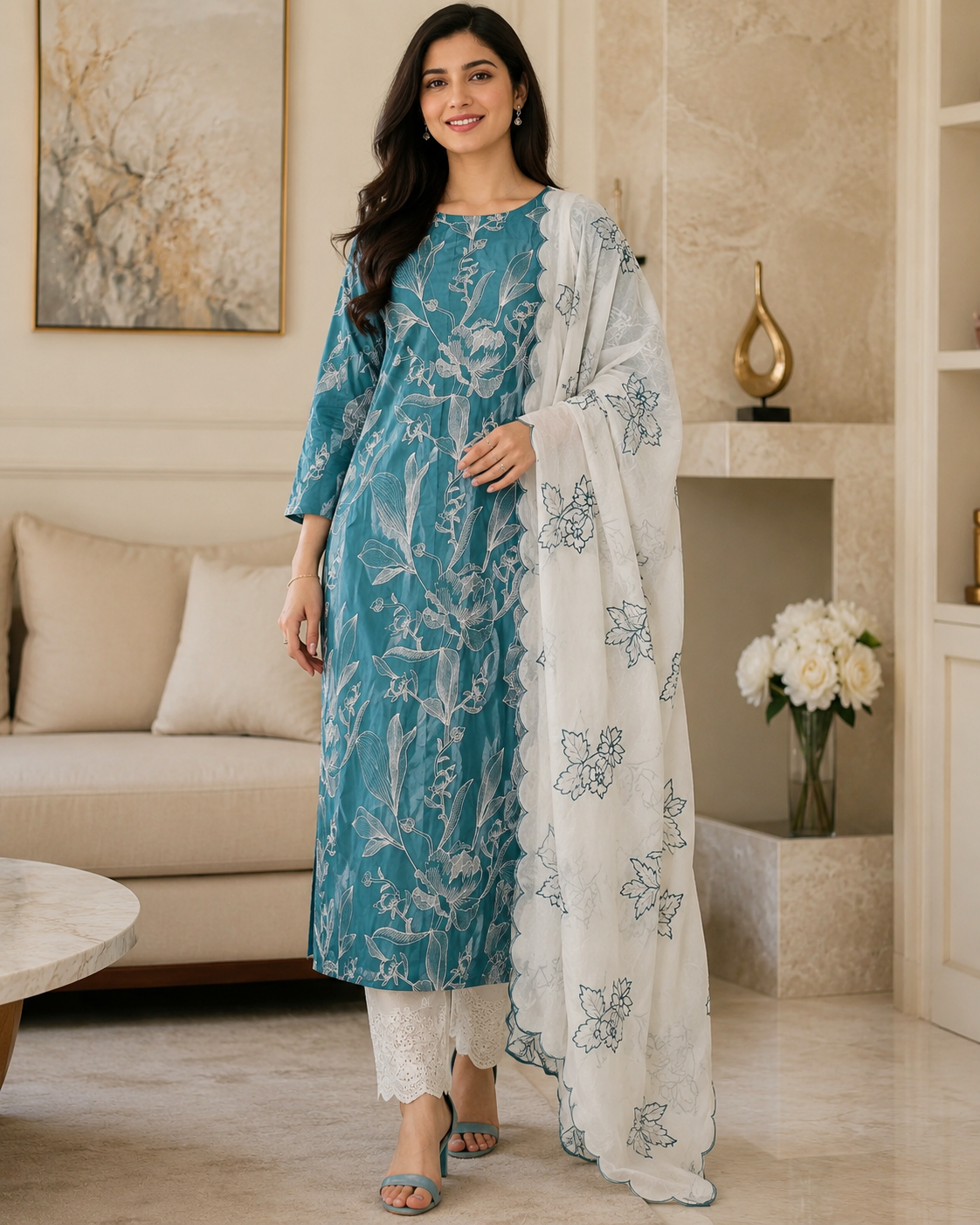 Pure Cotton Thread Embroidered Unstitched Suit with Embroidered Mul Cotton Dupatta and Chikanri Bottom