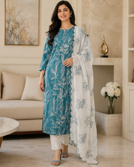 Pure Cotton Thread Embroidered Unstitched Suit with Embroidered Mul Cotton Dupatta and Chikanri Bottom
