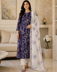 Pure Cotton Thread Embroidered Unstitched Suit with Embroidered Mul Cotton Dupatta and Chikankari Bottom