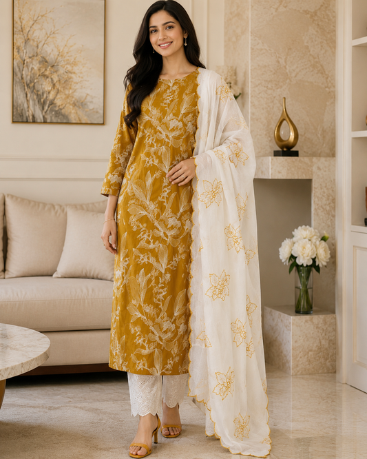 Pure Cotton Thread Embroidered Unstitched Suit with Embroidered Mul Cotton Dupatta and Chikankari Bottom