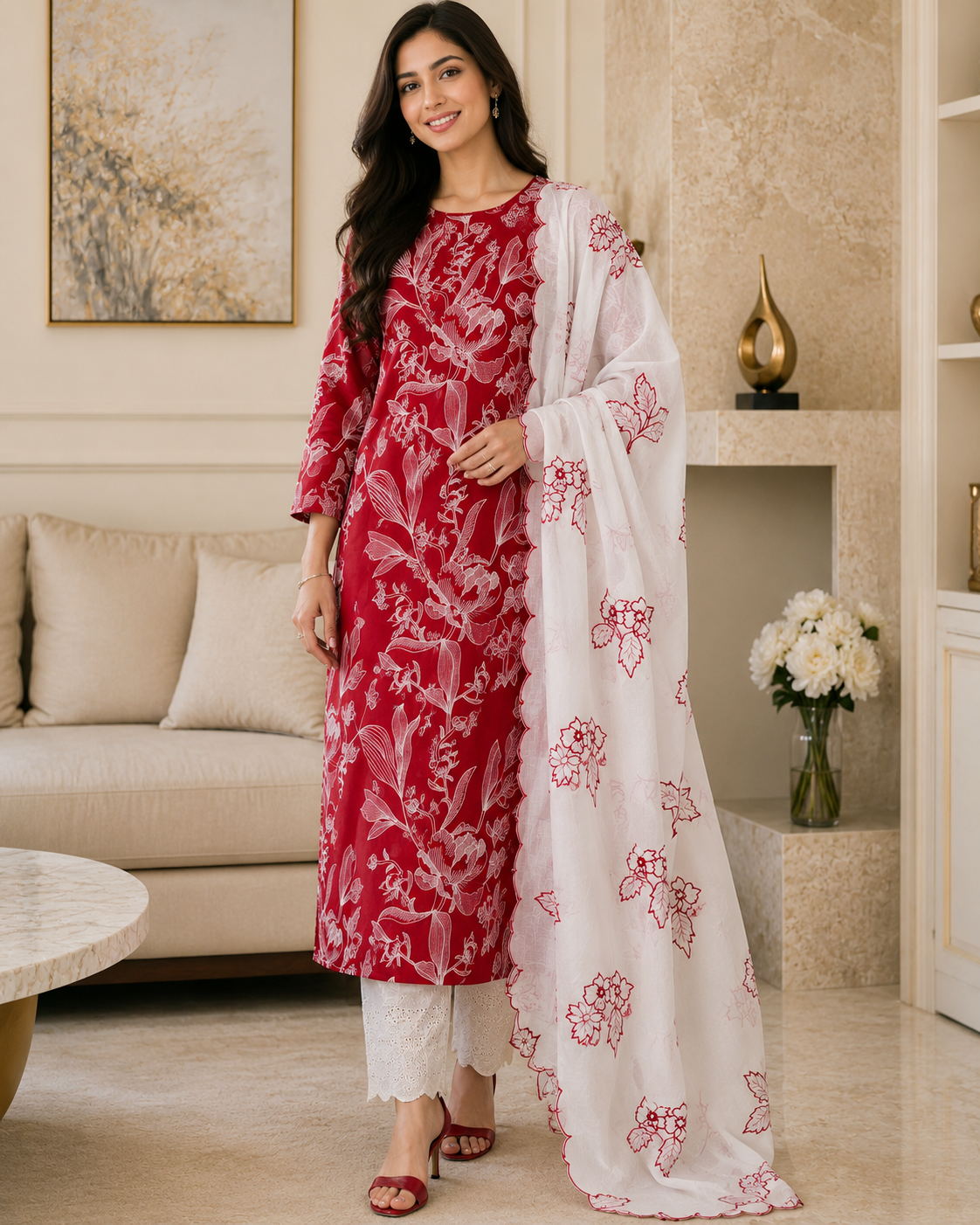 Pure Cotton Thread Embroidered Unstitched Suit with Embroidered Mul Cotton Dupatta and Chikanri Bottom