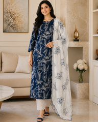 Pure Cotton Thread Embroidered Unstitched Suit with Embroidered Mul Cotton Dupatta and Chikankari Bottom