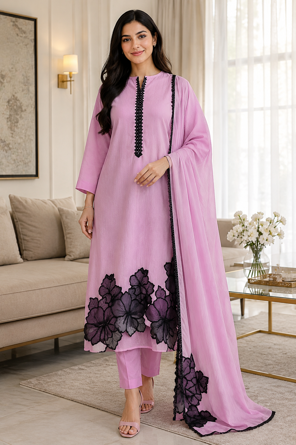 Elegant Crush Mul Hand Work Unstitched Suit With Designer Dupatta