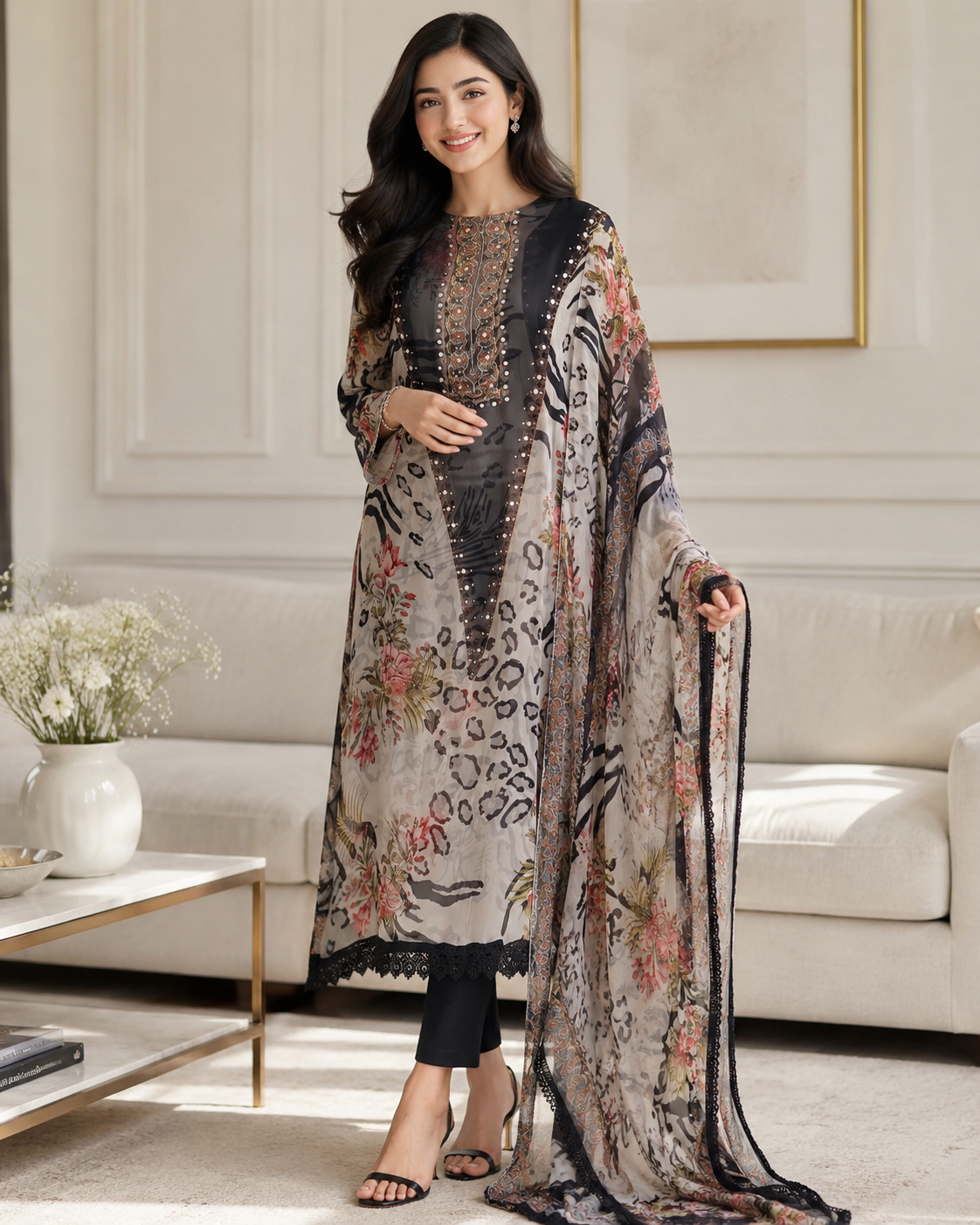 Organza Digital Printed Unstitched Suit with Mirror Highlighting