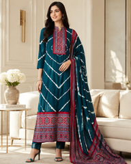 Premium Edit-Gajji Silk Digital Print Unstitched Suit with Real Mirror Work & Printed Dupatta