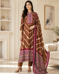 Premium Edit-Gajji Silk Digital Print Unstitched Suit with Real Mirror Work & Printed Dupatta